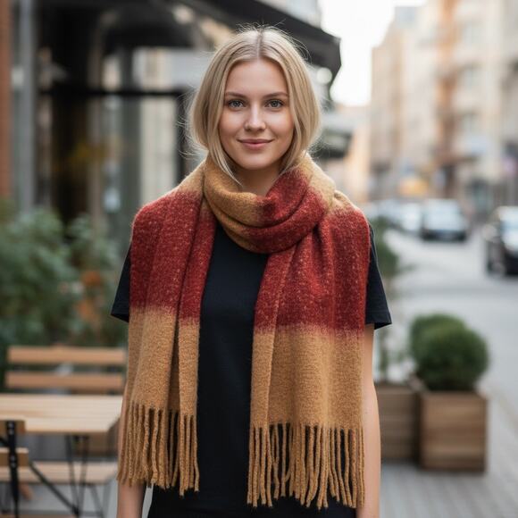 Boho Hippie Knit Striped Scarf Tan Red Soft Comfy Warm - Picture 1 of 11